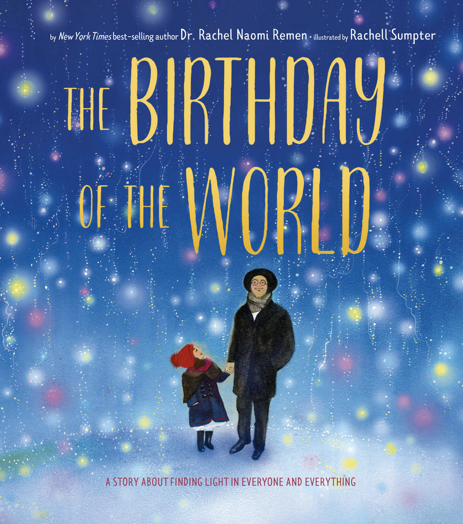 Children's' book cover showing an adult and child gazing at multi-coloured lights falling around them like light snow; text reads "the birthday of the world"