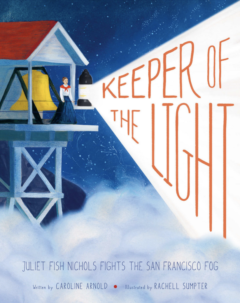 Children's Book Cover showing lighthouse or watchtower and a bell and light; text in light reads "keeper of the light"